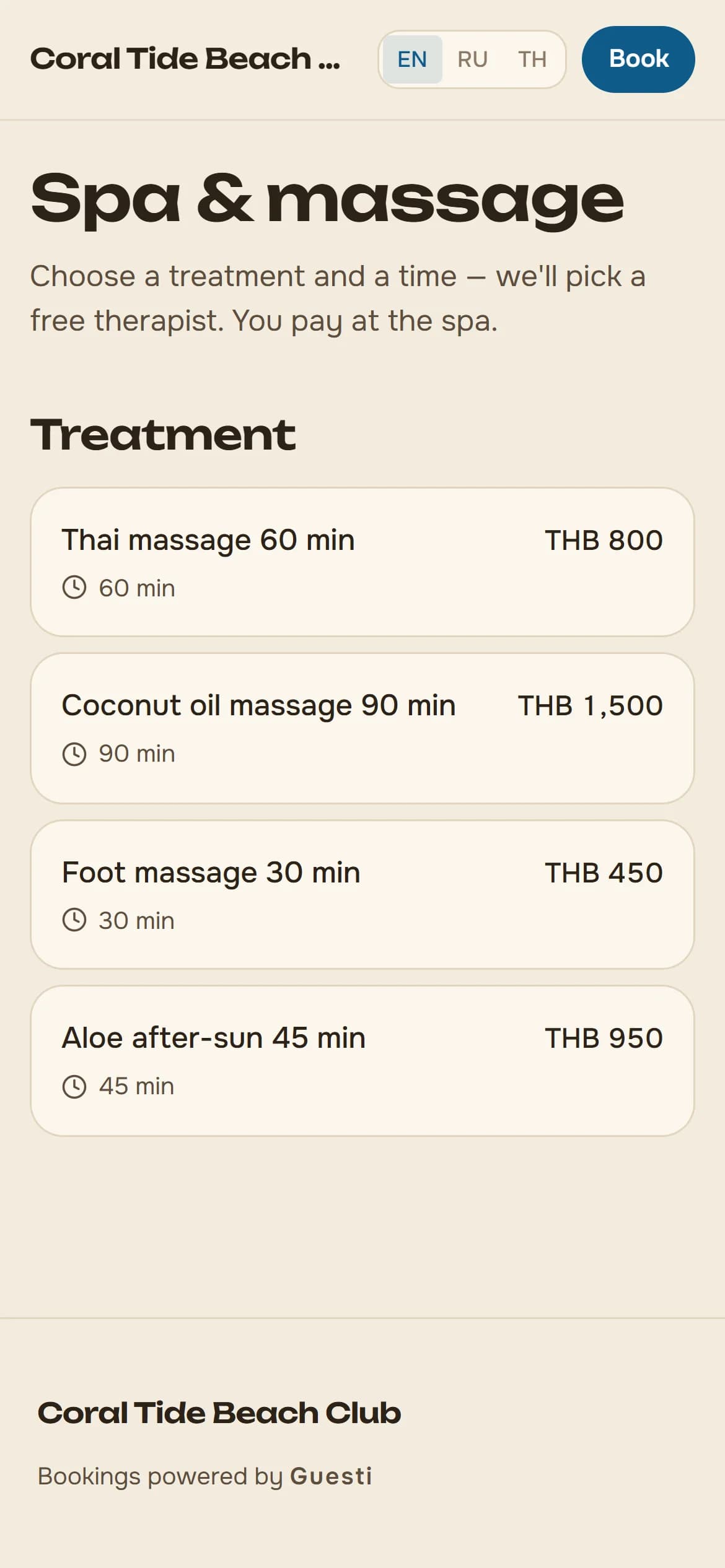 Online spa booking on the guest's phone