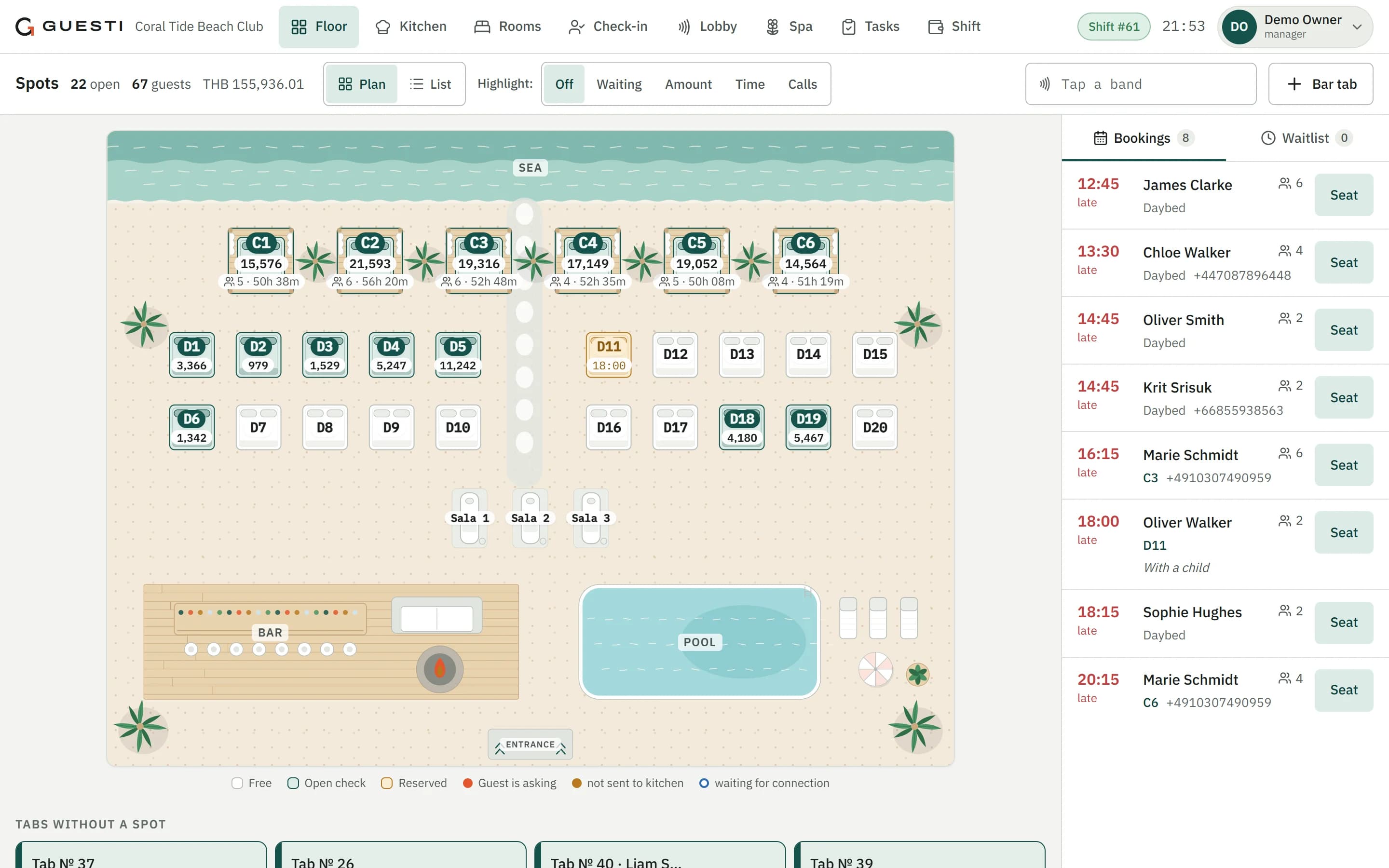 Guesti POS: a beach club floor plan with check totals on each spot
