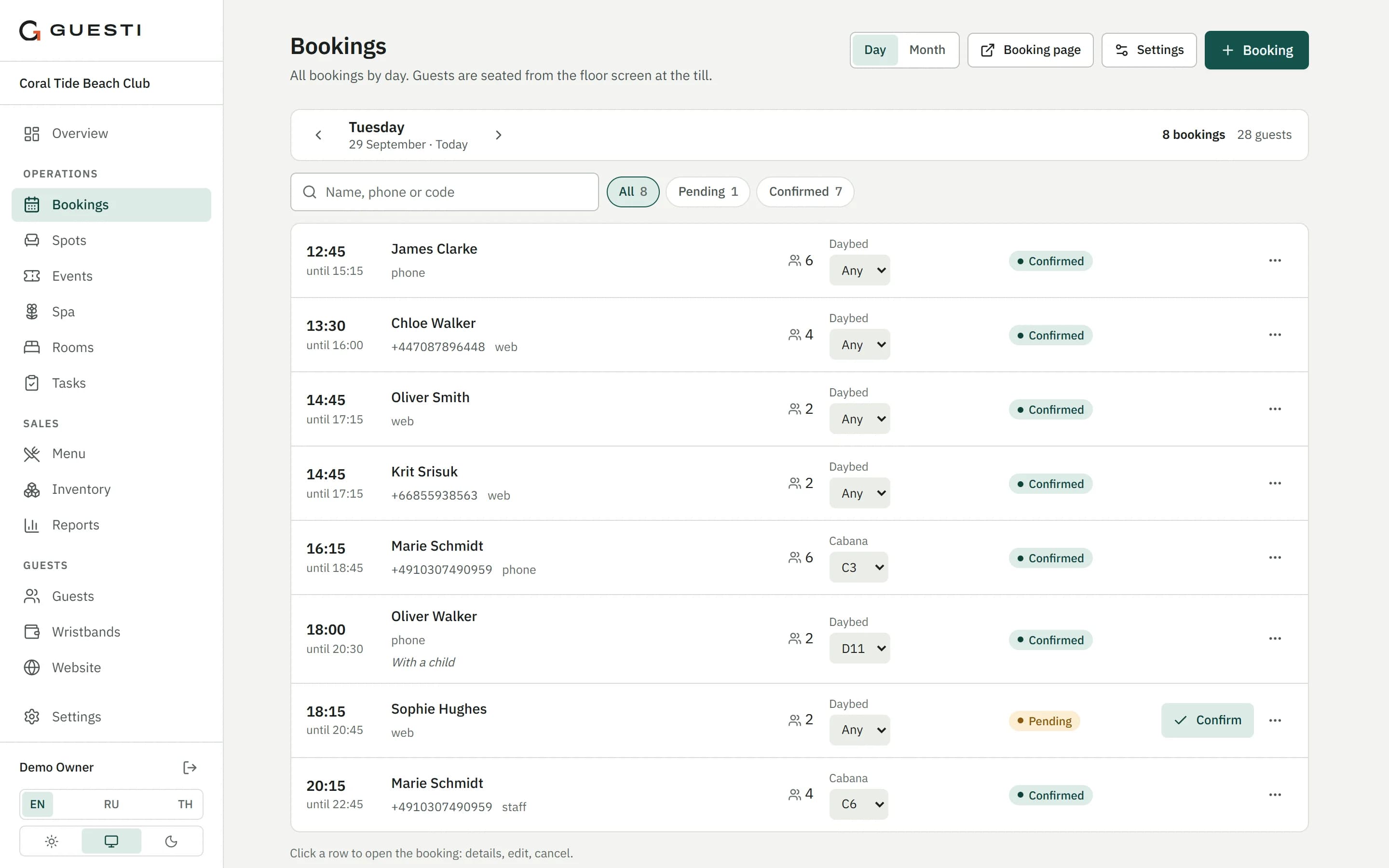 Bookings in Guesti: today's list and the occupancy calendar