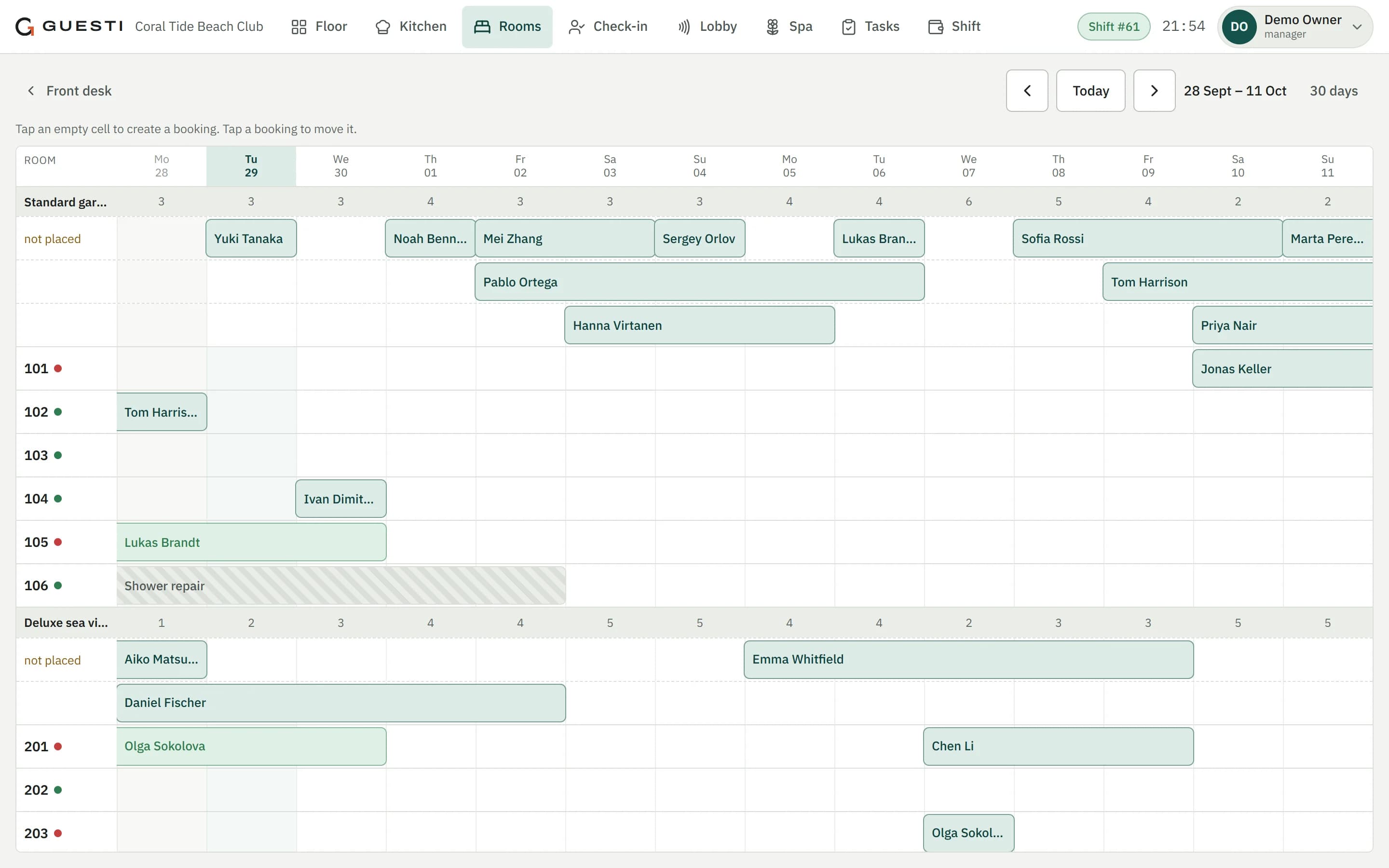 Room chart in Guesti
